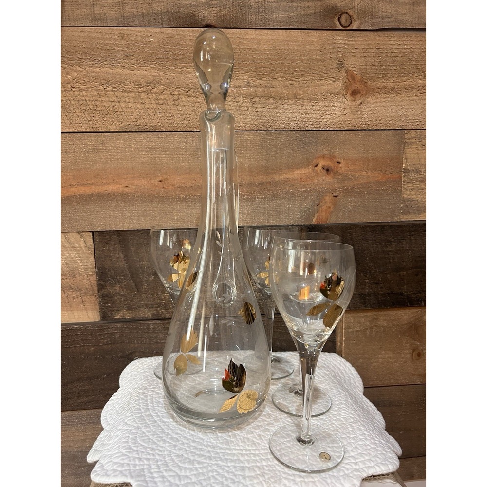 Vintage 1950s MCM Glass Decanter Wine Glasses Gold Gilt Leaves Floral Etched